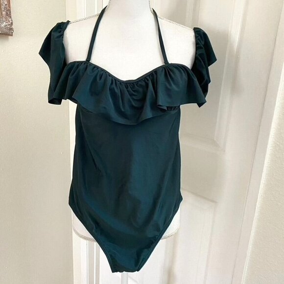 French Connection One Piece Green Ruffle Off Shoulder Swimsuit Size Med NWT B5 - Picture 9 of 10
